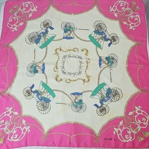 Vintage Celine Vibrant Pink and Cream Carriage Silk Scarf